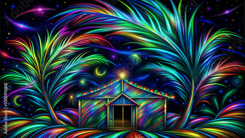 Vibrant abstract art representing Sukkot with colorful palms and lively booth photo