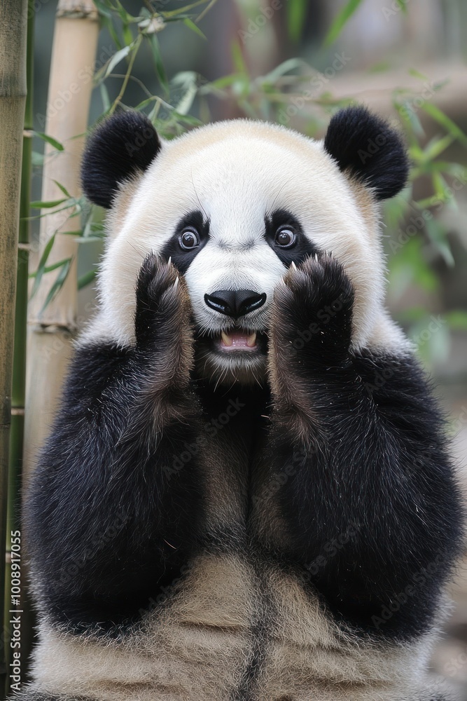Obraz premium A surprised panda with its paws on its face, surrounded by bamboo.