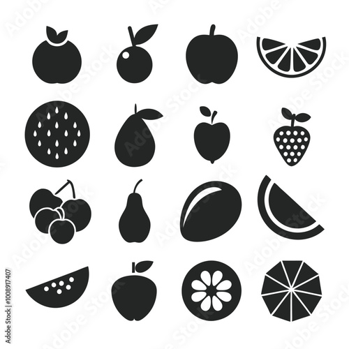  silhouette fruit vector icons set with bold shapes and smooth edges for modern design projects.
Silhouette fruit icon set in black vector style, ideal for logos, decorative elements, and graphics.