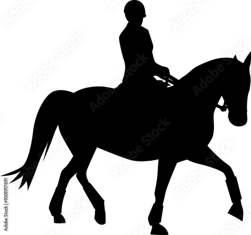 Silhouette of person riding horse. Equestrian sport. Training horseback ride. Professional equestrian competition, dressage performance. Jockey on horse. Champion. 