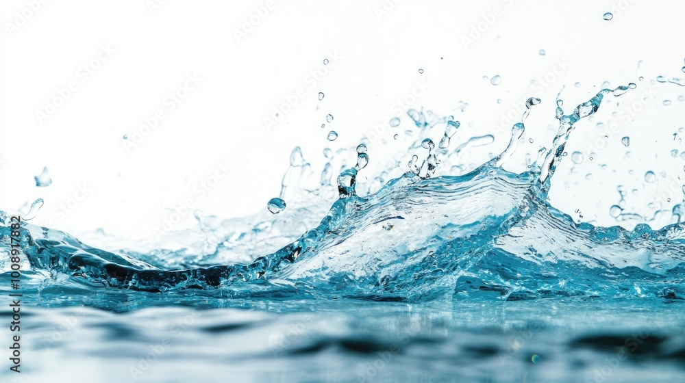 Detailed blue water splash frozen mid-air on a white background, emphasizing the beauty and movement of the water droplets Detailed blue water splash frozen mid-air on a white background, emphasizing the beauty and movement of the water droplets