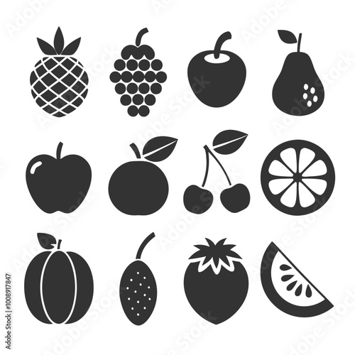  silhouette fruit vector icons set with bold shapes and smooth edges for modern design projects.
Silhouette fruit icon set in black vector style, ideal for logos, decorative elements, and graphics.