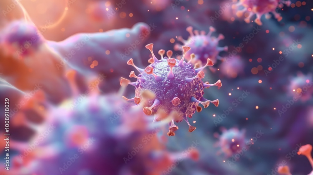 Close-up illustration of virus cells in 3D. Microscopic view of viral particle. Molecular structure of germ pathogen. Scientific discovery in microbiology. Design for medical, scientific research. Close-up illustration of virus cells in 3D. Microscopic view of viral particle. Molecular structure of germ pathogen. Scientific discovery in microbiology. Design for medical, scientific research.