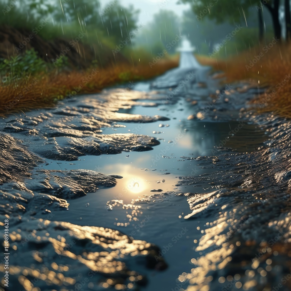 Fototapeta premium an earthen road trench is a groove with puddles of water left after rain and