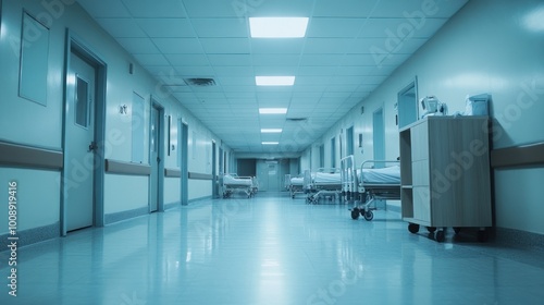 A quiet hospital corridor with empty beds and medical equipment.