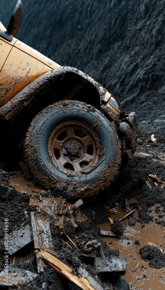 Mud-covered tire of an off-road vehicle on a rugged terrain. Mud-covered tire of an off-road vehicle on a rugged terrain.