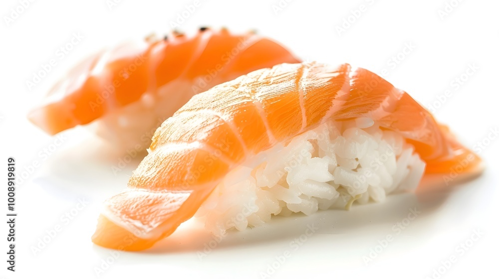 Delicate Sushi Nigiri with Fresh Salmon and Precise Rice Grains on White Background Delicate Sushi Nigiri with Fresh Salmon and Precise Rice Grains on White Background