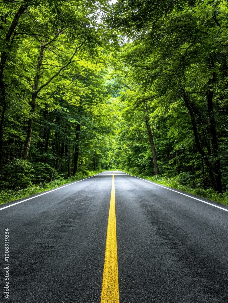 Scenic road through lush green trees, inviting adventure and exploration. Scenic road through lush green trees, inviting adventure and exploration.