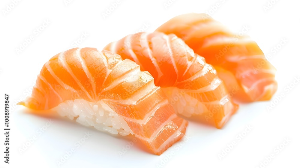 Delicate Sushi Nigiri with Fresh Salmon on Light White Background Delicate Sushi Nigiri with Fresh Salmon on Light White Background