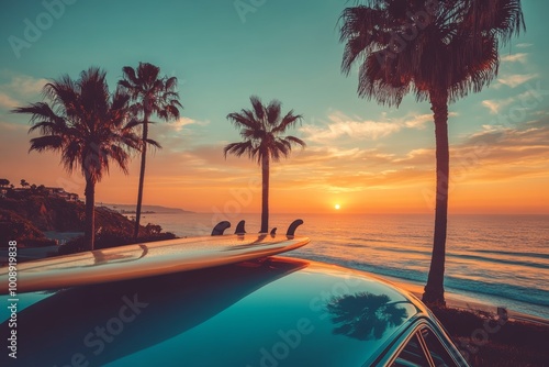 Vintage cabriolet with surfboard at sunset on malibu s carlina beach surrounded by palm trees photo