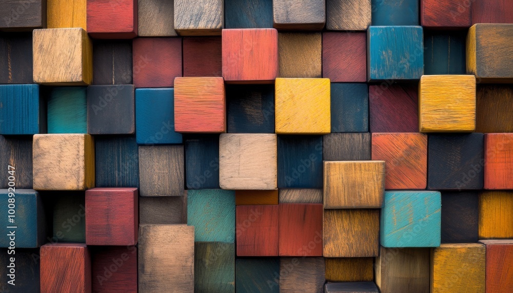 A wall of colorful wooden blocks. A wall of colorful wooden blocks.