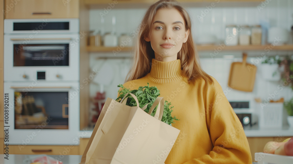 A young blonde woman in a yellow sweater in the kitchen with a bag of vegetables and fruits from delivery. A young blonde woman in a yellow sweater in the kitchen with a bag of vegetables and fruits from delivery.