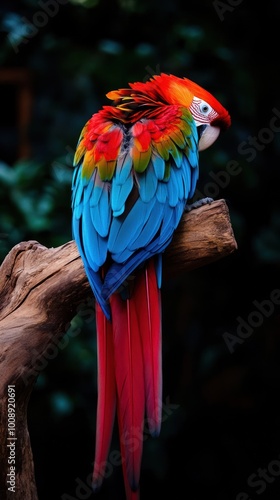 A vibrant parrot perched on a branch, showcasing its colorful plumage. photo