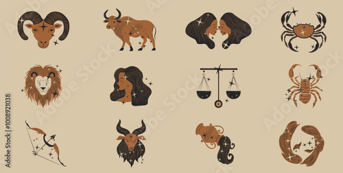 Set of Zodiac signs icons. Horoscope. Modern magic Astrological symbol 