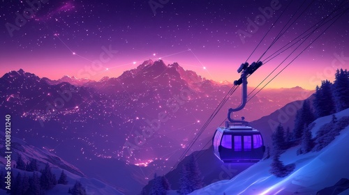 Cable Car Ascending to Mountain Peak with Starry Sky and Illuminated Village, Night Scenery