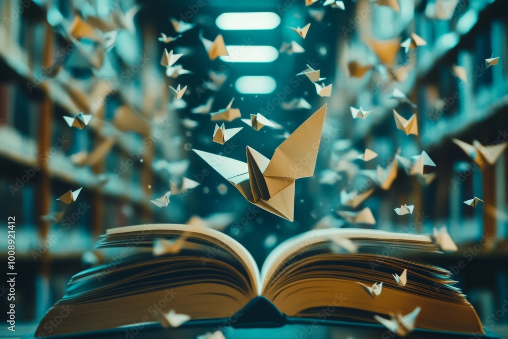 Inspiring knowledge an open book and origami bird in a library setting ...