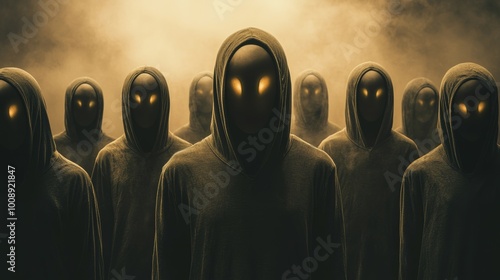 A group of people wearing hooded sweatshirts with glowing eyes