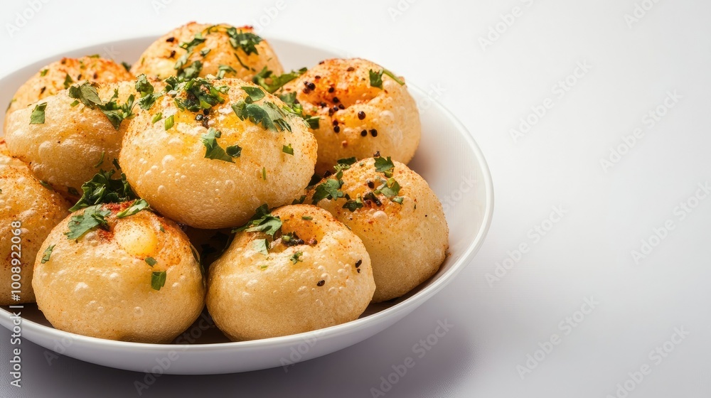 A beautifully arranged plate of pani puri with a few puris filled with spicy water and garnished with fresh herbs, set against a clean white background, A beautifully arranged plate of pani puri with a few puris filled with spicy water and garnished with fresh herbs, set against a clean white background,