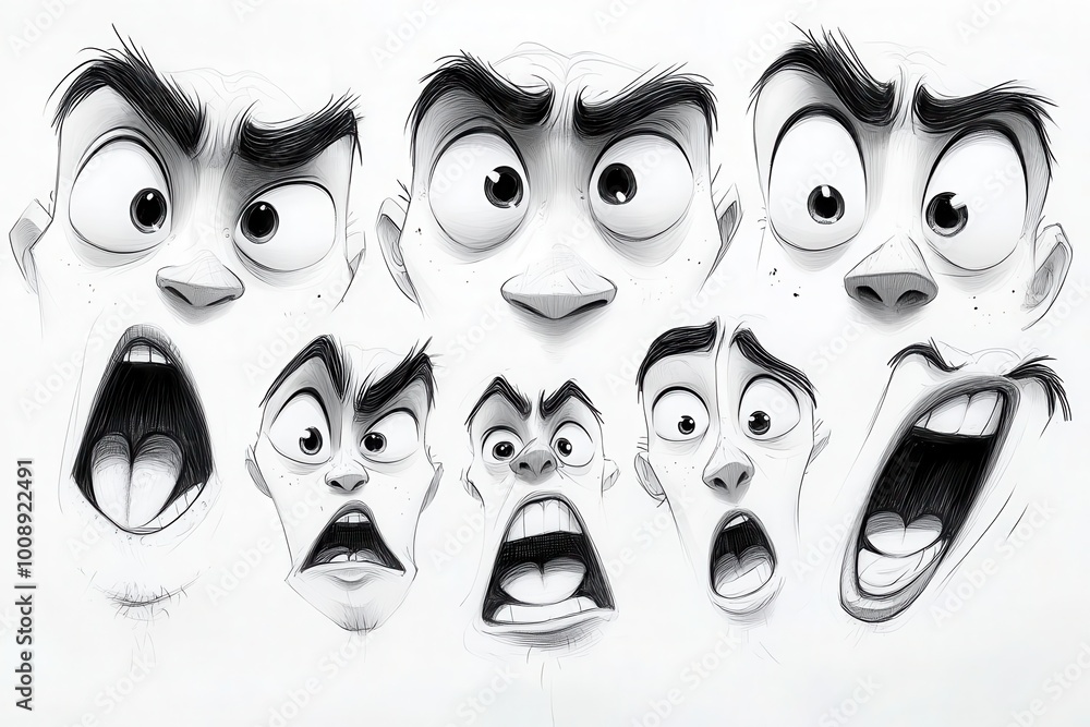 playful retro cartoon character faces with exaggerated expressions sketched in bold black and white embodying the whimsical charm of 50s animation set against a crisp white background playful retro cartoon character faces with exaggerated expressions sketched in bold black and white embodying the whimsical charm of 50s animation set against a crisp white background