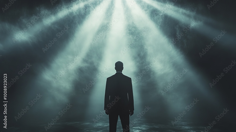 A man stands in the dark with a light shining on him A man stands in the dark with a light shining on him