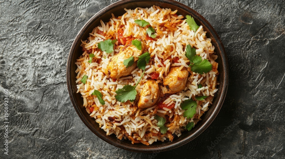 A close-up of a Chicken Biryani bowl filled with aromatic rice and chicken, set on a textured surface, with ample space around it for captions or advertising. A close-up of a Chicken Biryani bowl filled with aromatic rice and chicken, set on a textured surface, with ample space around it for captions or advertising.