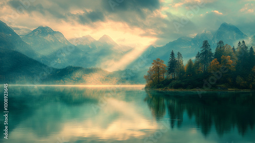 Tranquil mountain lake reflecting autumn colors at sunrise in a serene landscape