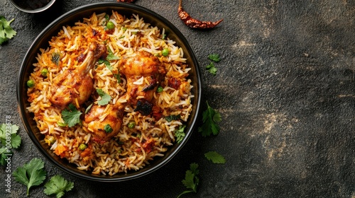 A close-up of a Chicken Biryani bowl filled with aromatic rice and chicken, set on a textured surface, with ample space around it for captions or advertising.