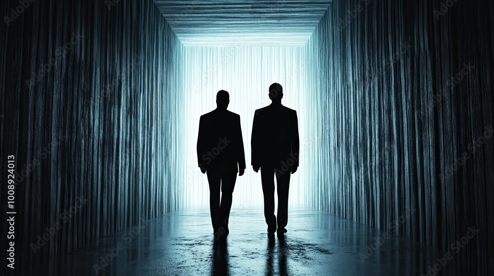 Two men walking in a dark tunnel Two men walking in a dark tunnel
