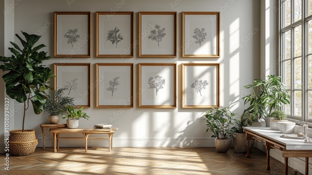 Bright, modern interior featuring botanical art and greenery. Bright, modern interior featuring botanical art and greenery.