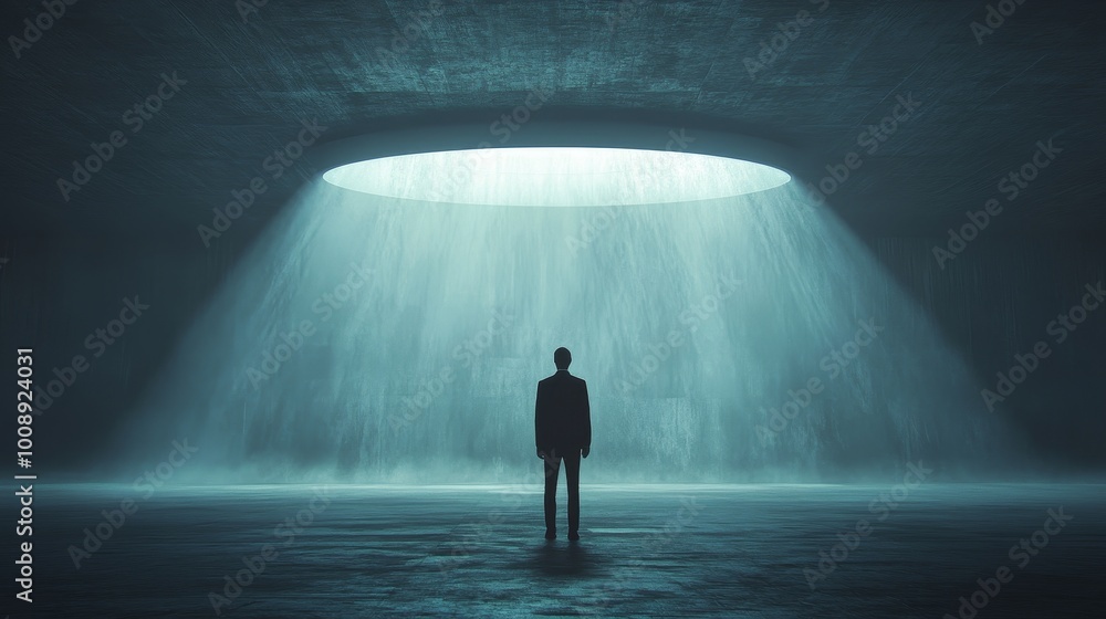 A man stands in a dark room with a large hole in the ceiling A man stands in a dark room with a large hole in the ceiling