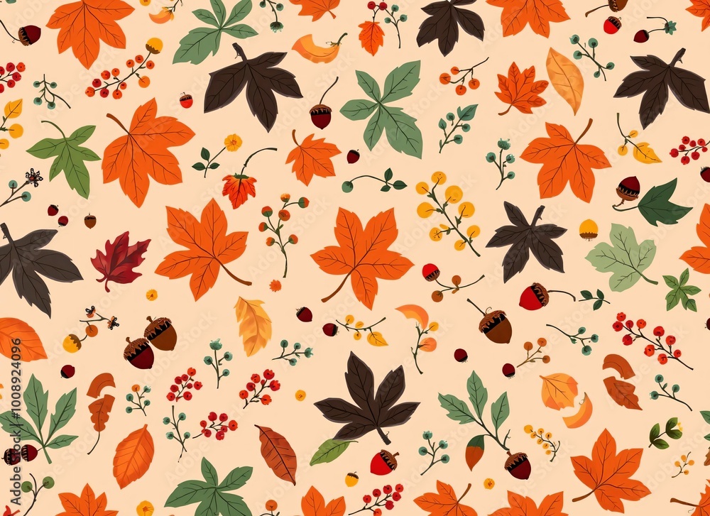 Autumn Leaves and Acorns Pattern - Fall Season Nature Illustration Autumn Leaves and Acorns Pattern - Fall Season Nature Illustration