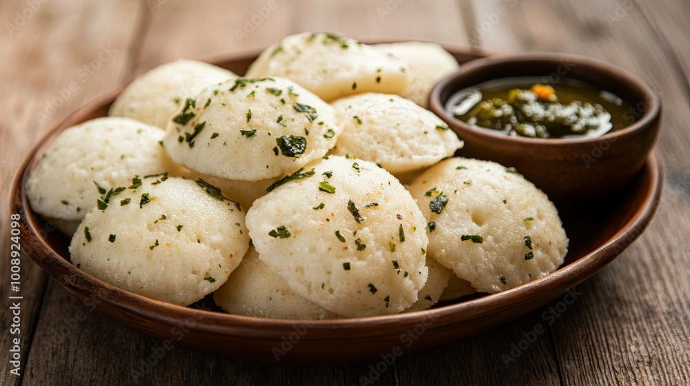 A close-up of fluffy idlis on a rustic wooden table, with a small bowl of tangy chutney, leaving plenty of room around the dish for promotional messages or captions. A close-up of fluffy idlis on a rustic wooden table, with a small bowl of tangy chutney, leaving plenty of room around the dish for promotional messages or captions.