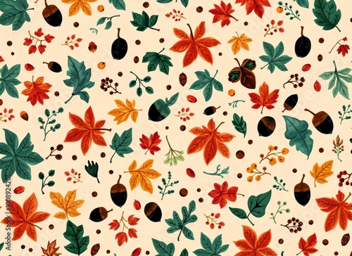 Autumn Leaves and Acorns Pattern - Fall Season Nature Illustration