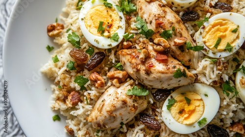 A close-up overhead view of chicken pulao on a white plate, beautifully topped with fried onion, boiled eggs, crunchy nuts, and raisins, bringing out the richness of this traditional meal.