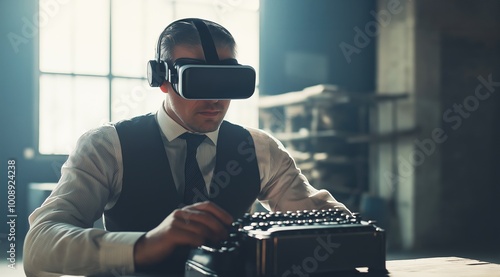 Man in a suit wearing virtual reality goggles while typing on a vintage typewriter, seated in a modern industrial space, copy space, selective focus

