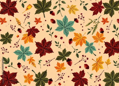 Autumn Leaves and Acorns Pattern - Fall Season Nature Illustration