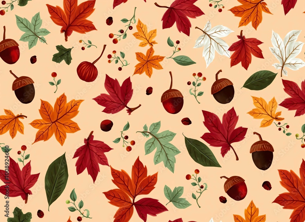 Autumn Leaves and Acorns Pattern - Fall Season Nature Illustration Autumn Leaves and Acorns Pattern - Fall Season Nature Illustration