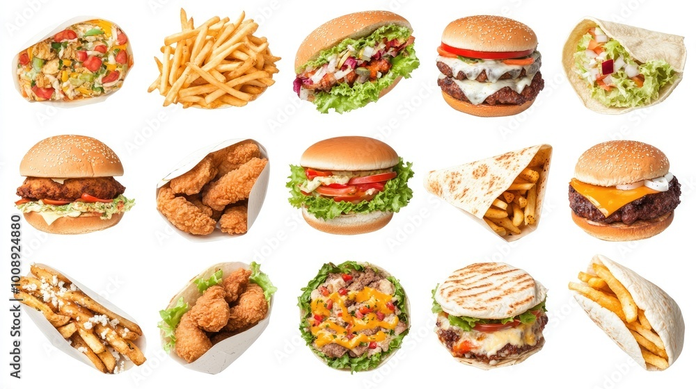 A collection of fast food classics including crispy fries, fried chicken, pizza, tacos, shawarma, burritos, and burgers, all isolated on a white background. Close-up of fast foods. A collection of fast food classics including crispy fries, fried chicken, pizza, tacos, shawarma, burritos, and burgers, all isolated on a white background. Close-up of fast foods.