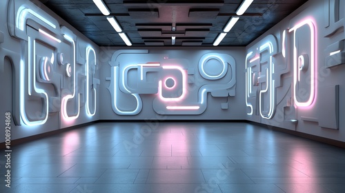 Abstract 3D maze with flowing neon trails and glowing geometric shapes, 3D illustration