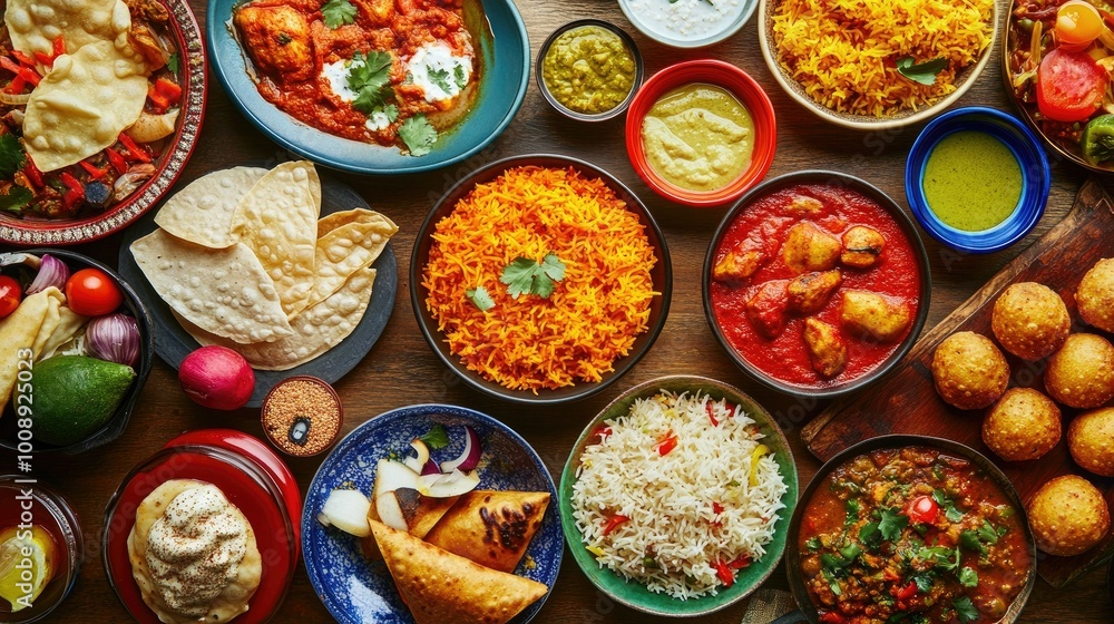 A colorful and vibrant spread of Indian food, including chicken biryani, samosas, and dal curry, arranged on a long table, A colorful and vibrant spread of Indian food, including chicken biryani, samosas, and dal curry, arranged on a long table,