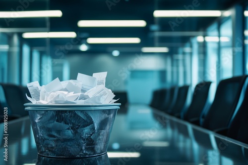 Symbol of inefficiency  a trash bin overflowing with crumpled papers in an empty conference room photo