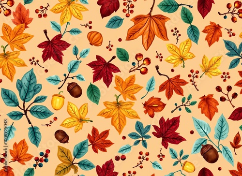 Autumn Leaves and Acorns Pattern - Fall Season Nature Illustration