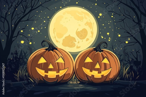 Only horizontally seamless. Halloween night background with a moon, haunted house, cemetery and pumpkins
