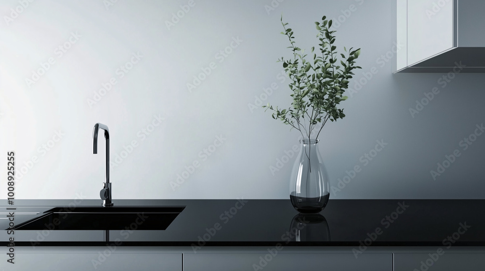 Minimalist kitchen featuring smooth black countertops and a solitary glass vase. Clean lines and strong contrast with a neutral background Minimalist kitchen featuring smooth black countertops and a solitary glass vase. Clean lines and strong contrast with a neutral background