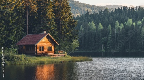 A rustic wooden cabin sits on the edge of a tranquil lake, nestled amidst a lush forest.