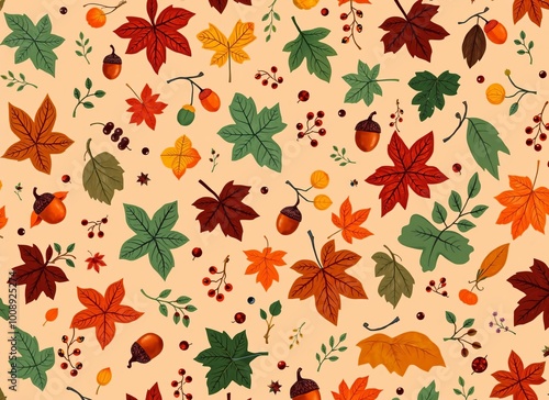 Autumn Leaves and Acorns Pattern - Fall Season Nature Illustration