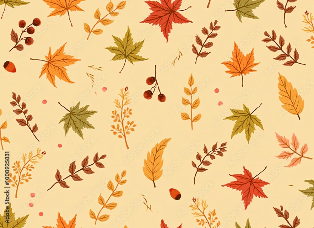 Autumn Leaves and Acorns Pattern - Fall Season Nature Illustration Autumn Leaves and Acorns Pattern - Fall Season Nature Illustration