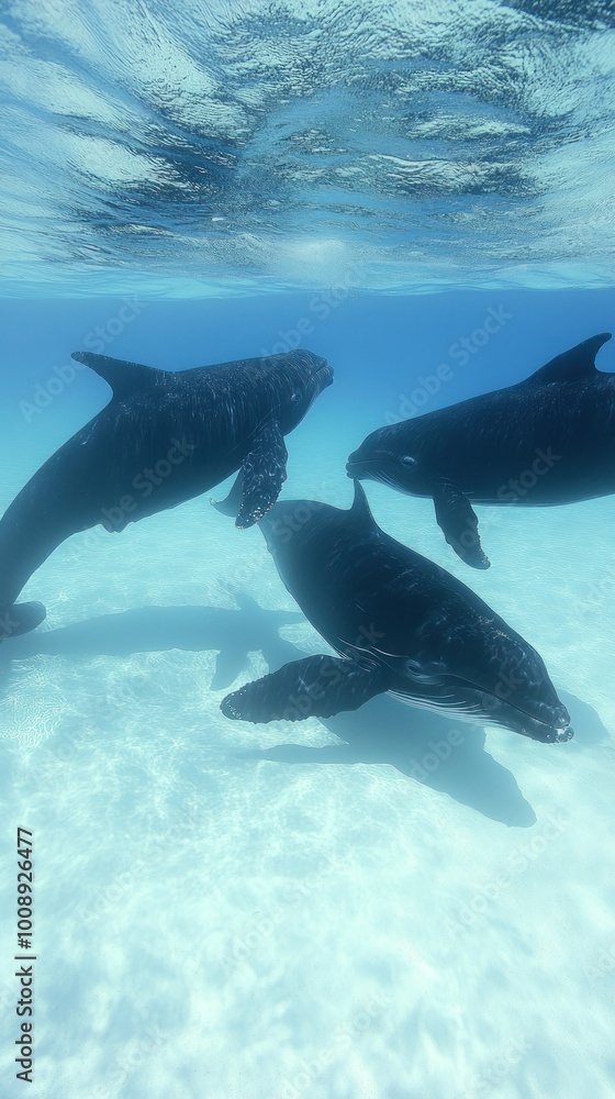 Obraz premium Three dolphins swimming gracefully in clear blue water.