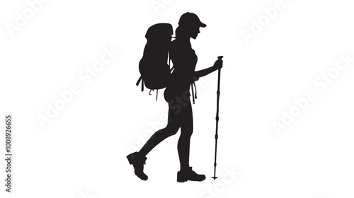 Black silhouette of hiker with backpack and walking stick, Simple flat illustration, on white background