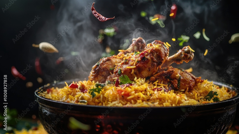 A dynamic shot of spicy chicken biryani with vibrant saffron rice and tender chicken, floating in mid-air with flying spices and herbs A dynamic shot of spicy chicken biryani with vibrant saffron rice and tender chicken, floating in mid-air with flying spices and herbs